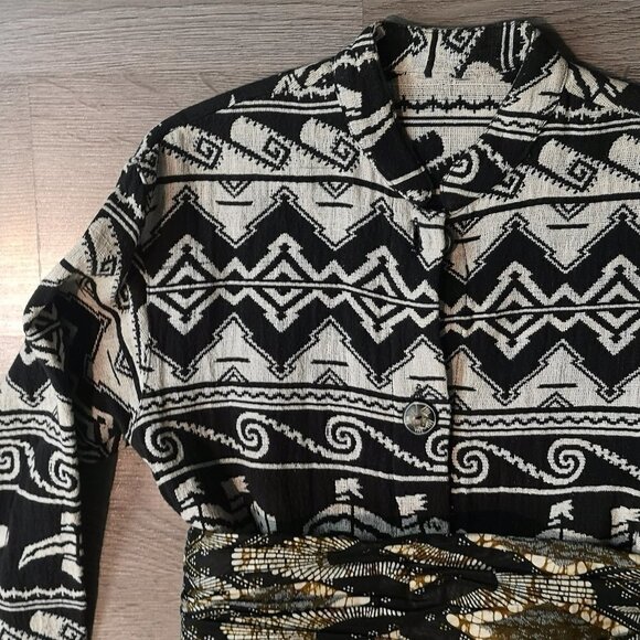 80s Vintage Black/Grey Mandarin Collar Aztec Pattern Cotton Woven Jacket - Picture 3 of 14